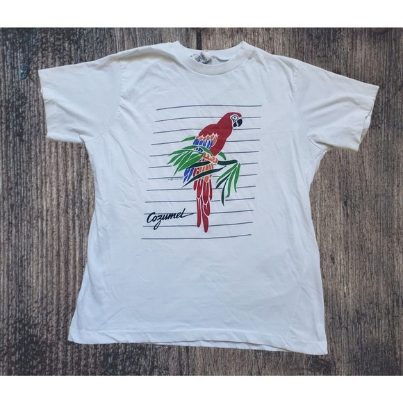 VTG 1980s Mexico Red Macaw Tee Shirt Top Single Stitch Women Large FLAW - Picture 1 of 8